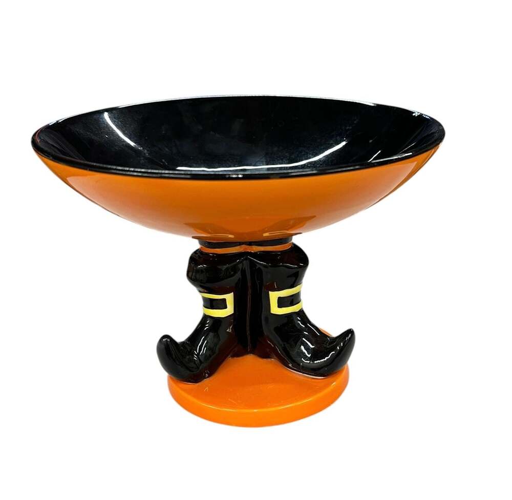 Magenta Halloween Pedestal Witch Shoes Candy Dish Orange and Black